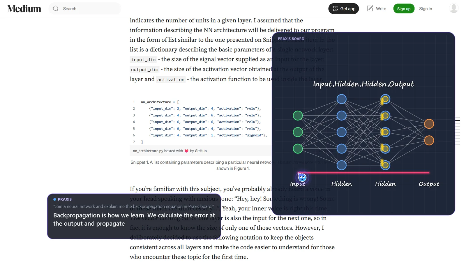 Praxis on a real screen: Draws a neural network and sends a signal through it