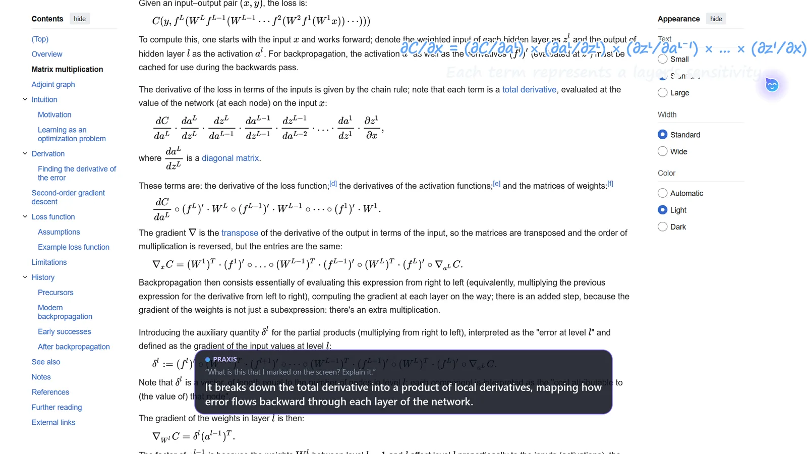 Praxis on a real screen: Explains the chain rule you circled on Wikipedia