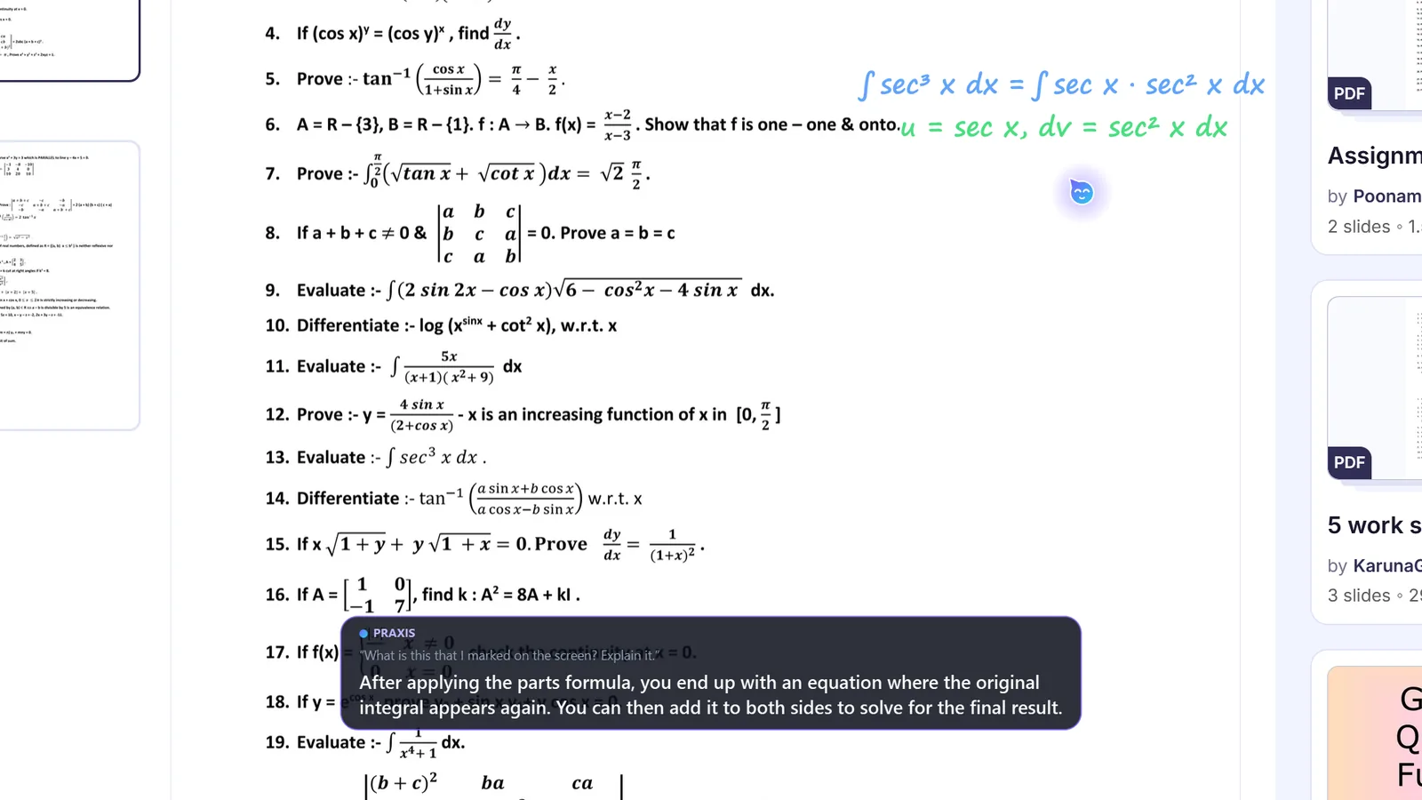 Praxis on a real screen: Works through the integral you circled in your homework
