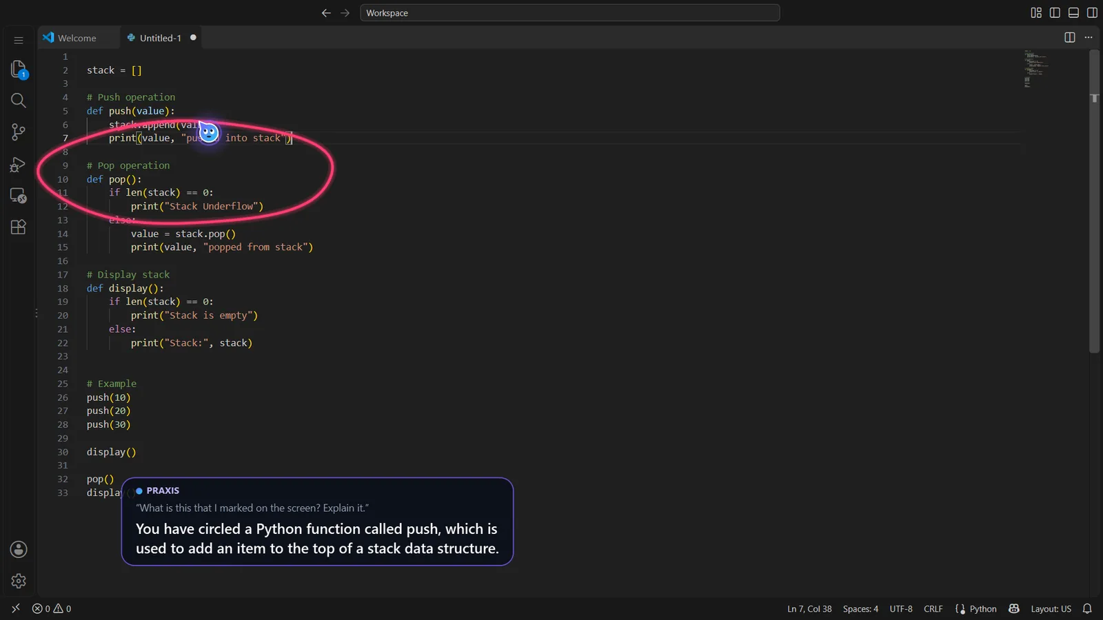 Praxis on a real screen: Explains the function you circled