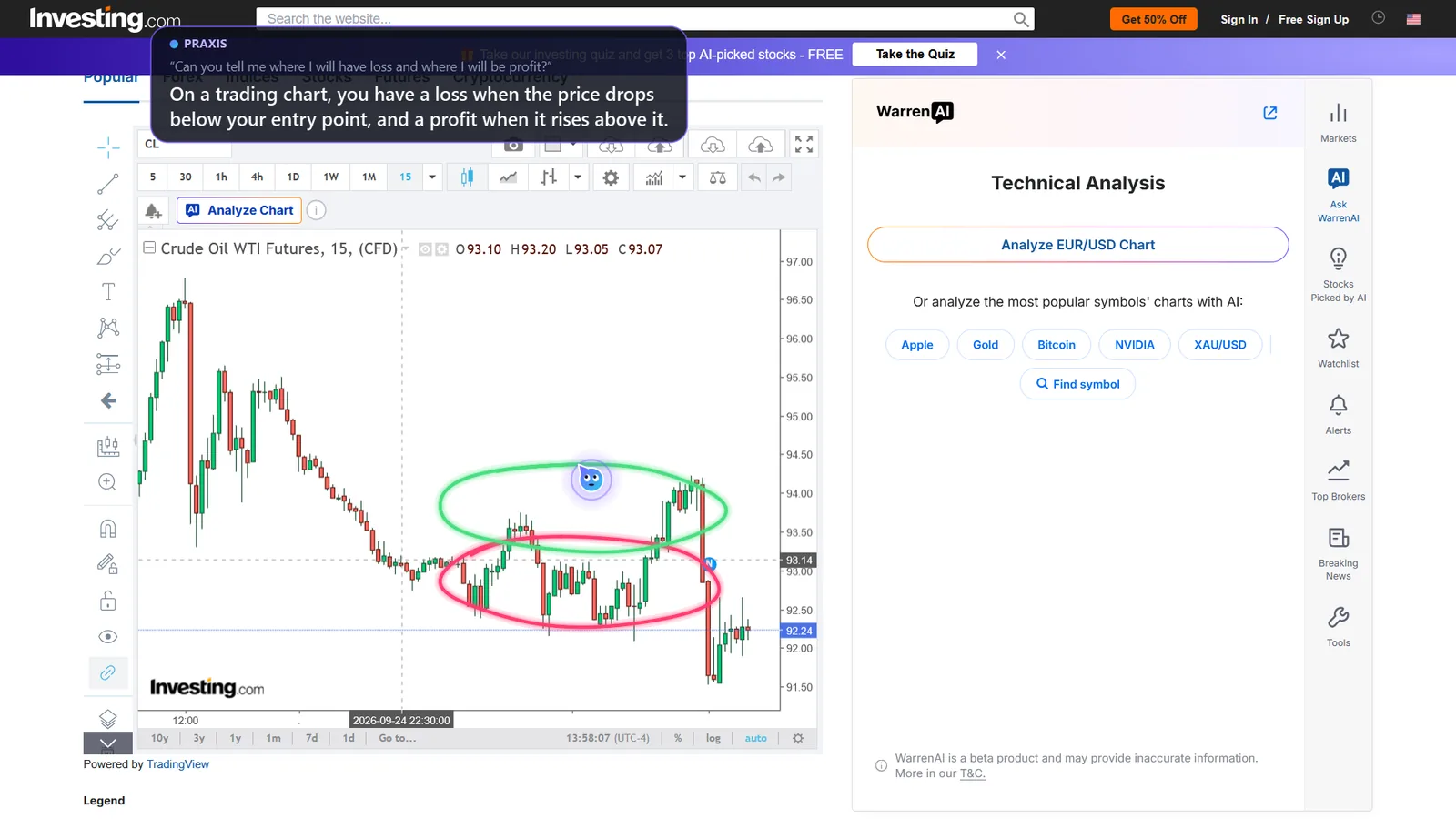 Praxis on a real screen: Circles where you'd profit and where you'd lose