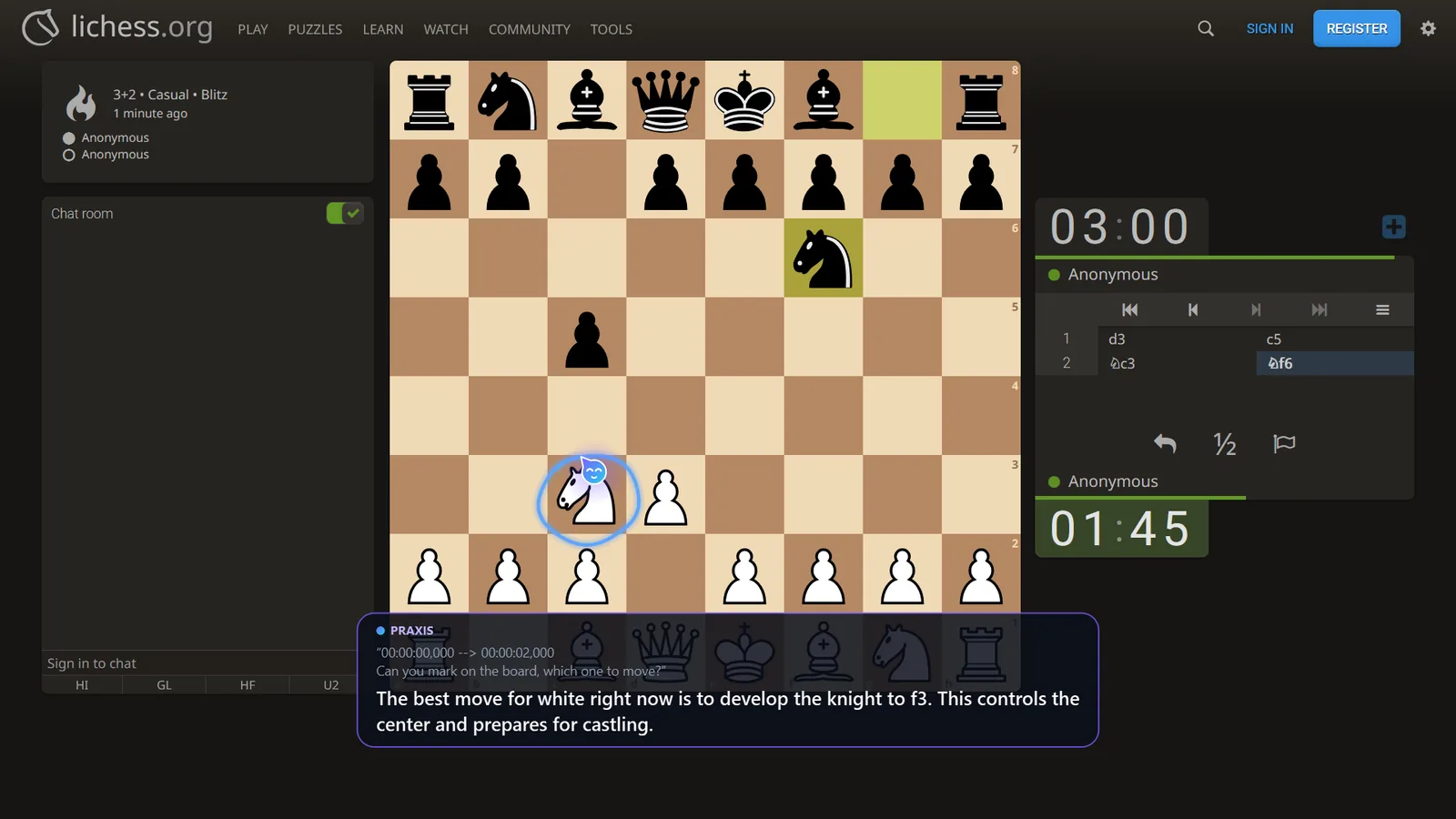 Praxis on a real screen: Marks a move in a live chess game